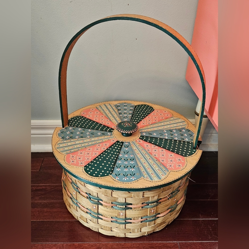 Vintage Handpainted Woven Basket with Wood Lid